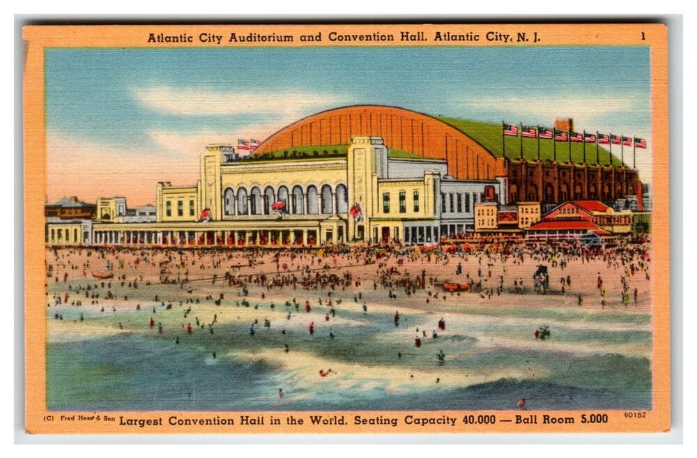 Atlantic City Auditorium Convention Hall Beach Linen Postcard 1930s-40s NJ